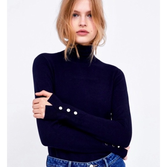 Zara Sweaters Zara Turtleneck Knit Sweatertop With Gold Buttons In Navy Blue Sz L Poshmark